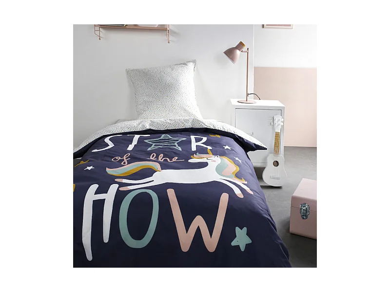 Parure de lit simple en coton imprimé licorne - Violet/Blanc - 140 x 200 cm