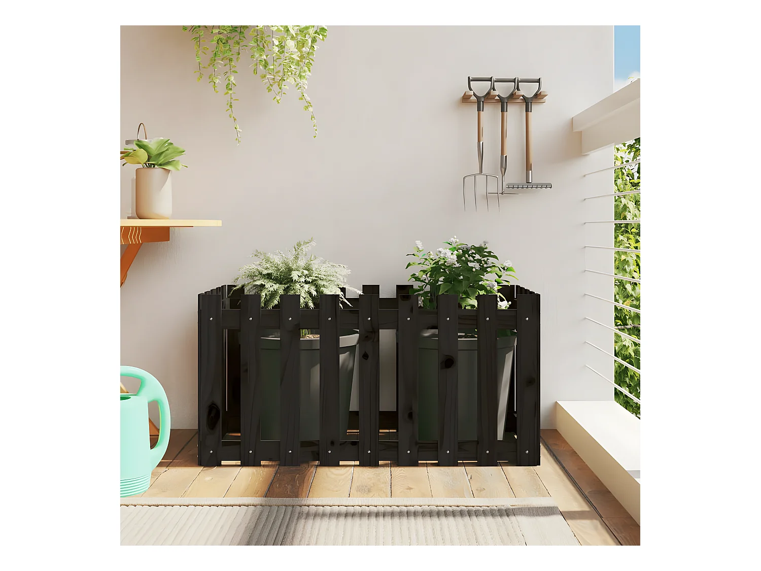 Jardinera elevado jardín con valla madera pino negro 100x50x50cm ES23512
