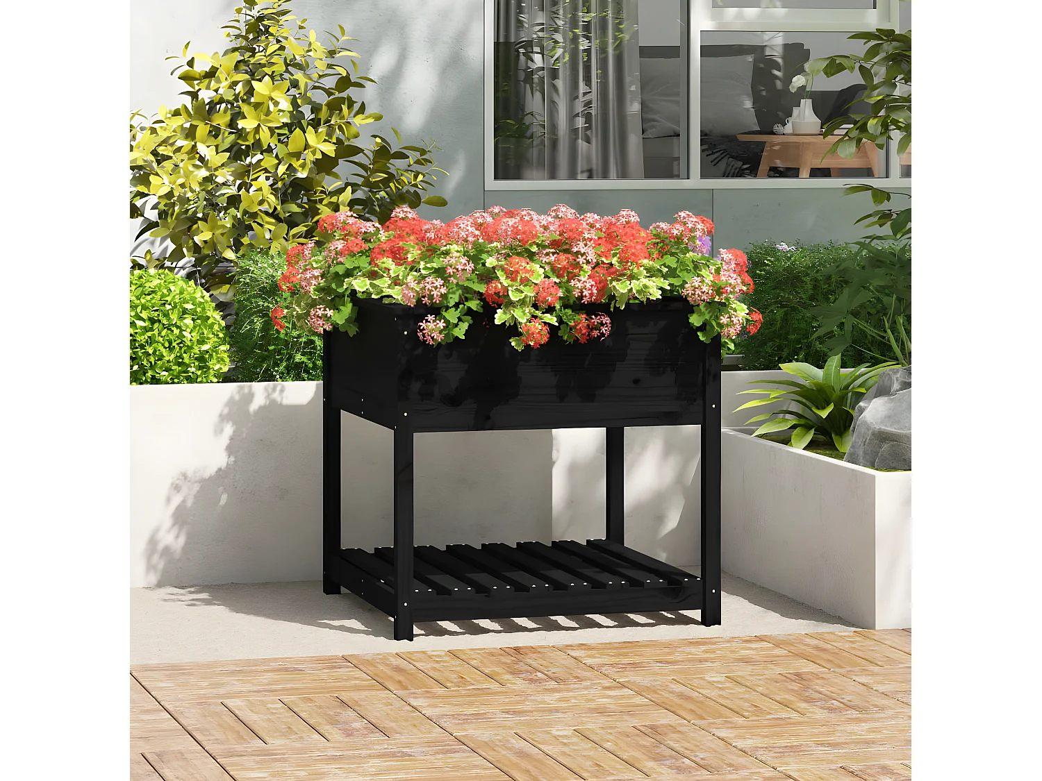 Jardinière avec étagère Noir 82,5x82,5x81 cm Bois massif de pin BE2932