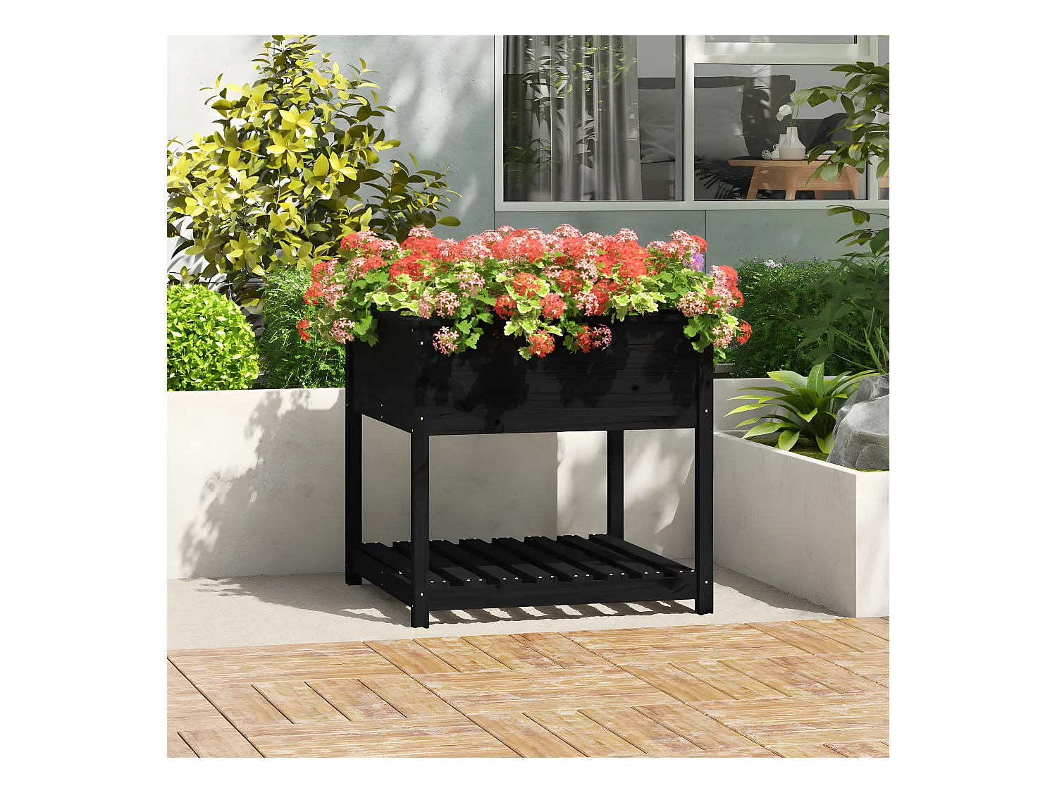 Jardinière avec étagère Noir 82,5x82,5x81 cm Bois massif de pin BE2932