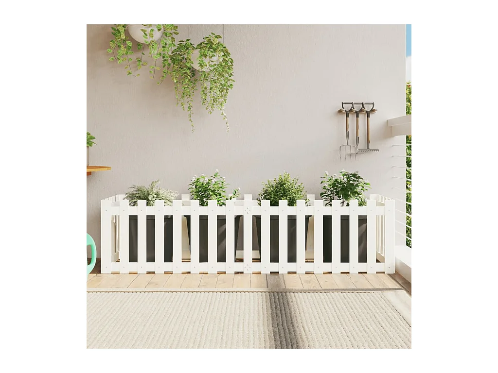Jardinera elevado jardín con valla madera pino blanco 200x50x50cm ES62228