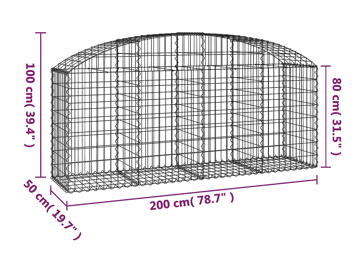 Cesta de gaviones forma arco hierro galvanizado 200x50x80/100cm ES77589