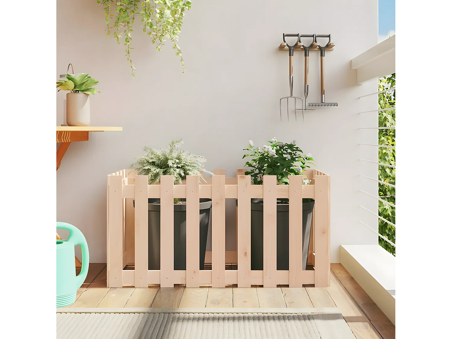 Jardinera elevado jardín con valla madera maciza pino 100x50x50cm ES52872