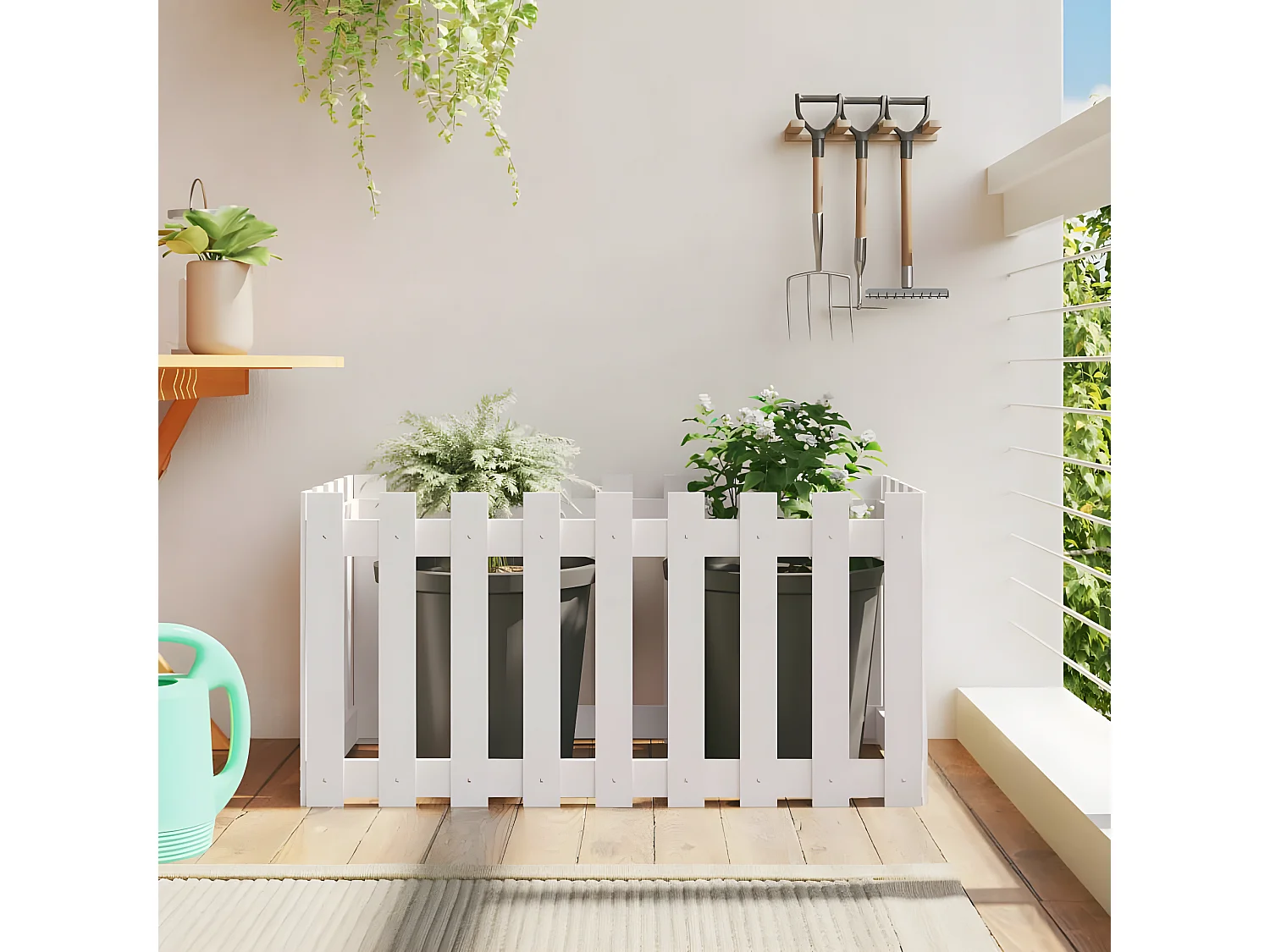 Jardinera elevado jardín con valla madera pino blanco 100x50x50cm ES33246