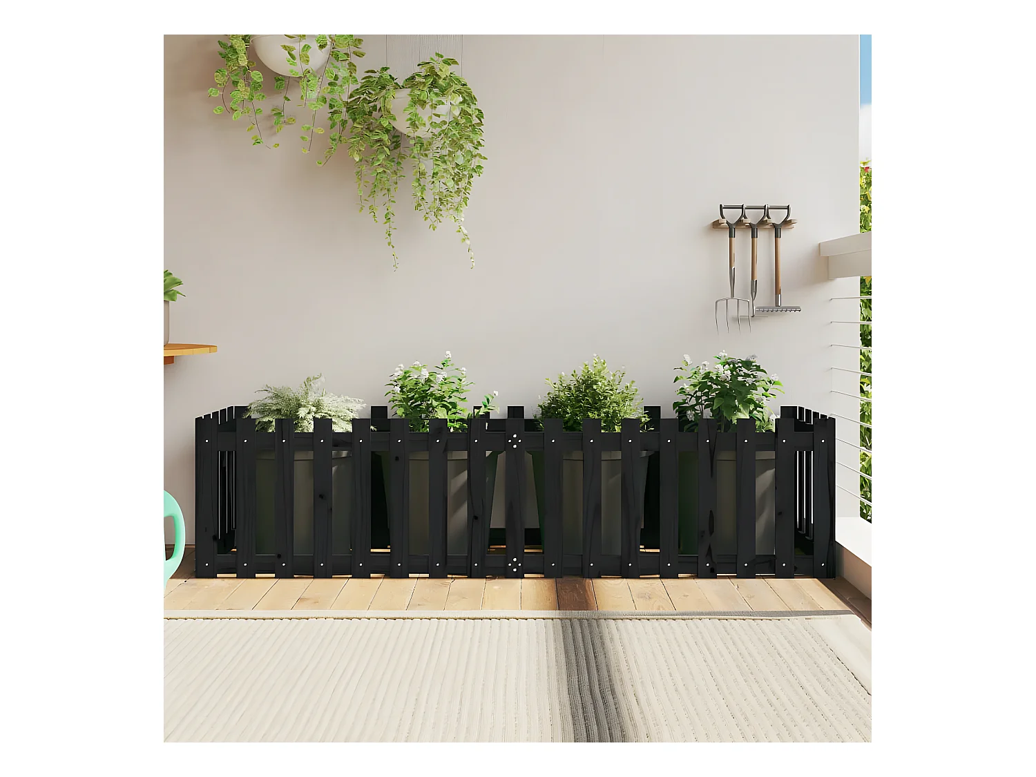 Jardinera elevado jardín con valla madera pino negro 200x50x50cm ES38859