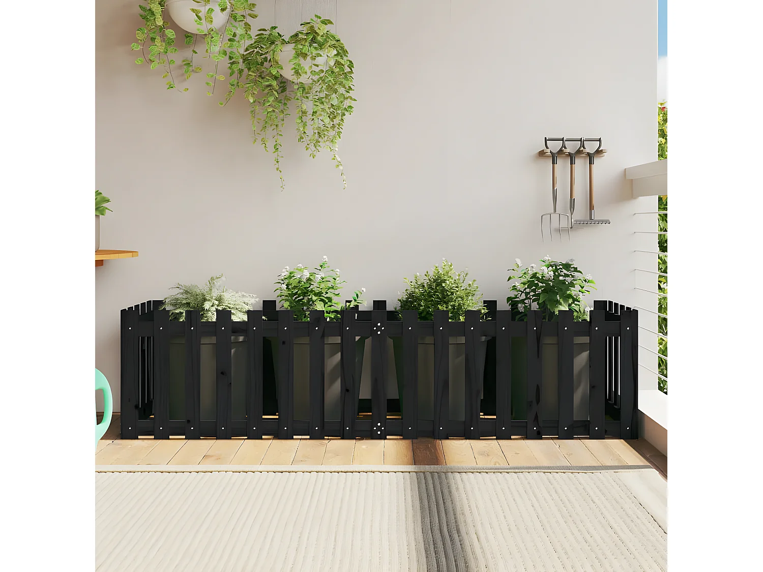 Jardinera elevado jardín con valla madera pino negro 200x50x50cm ES38859