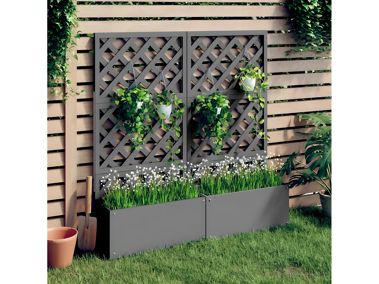 Plantenbakken met latwerk 2 st 65x33x135 cm HKC grijs