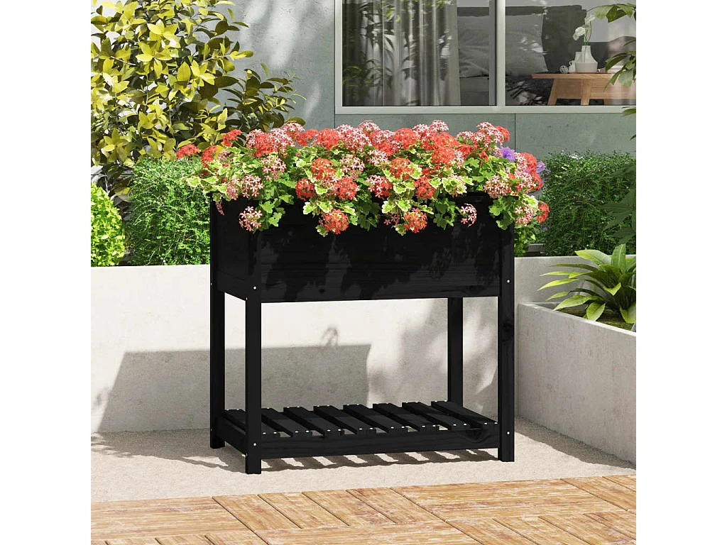 Plantenbak met schap 82,5x54x81 cm massief grenenhout zwart NL259254