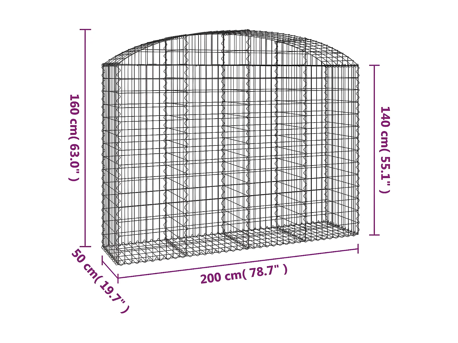 Panier de gabions arqué 200x50x140/160 cm Fer galvanisé WVGQ4363