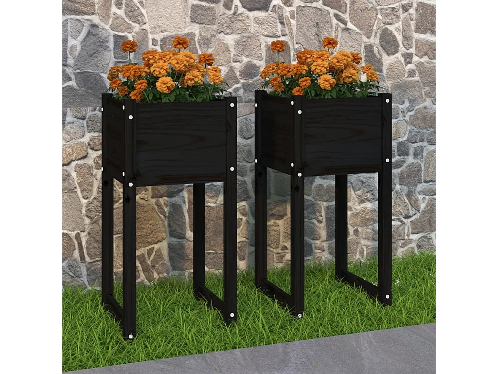 Plantenbakken 2 st 40x40x81 cm massief grenenhout zwart NL732341