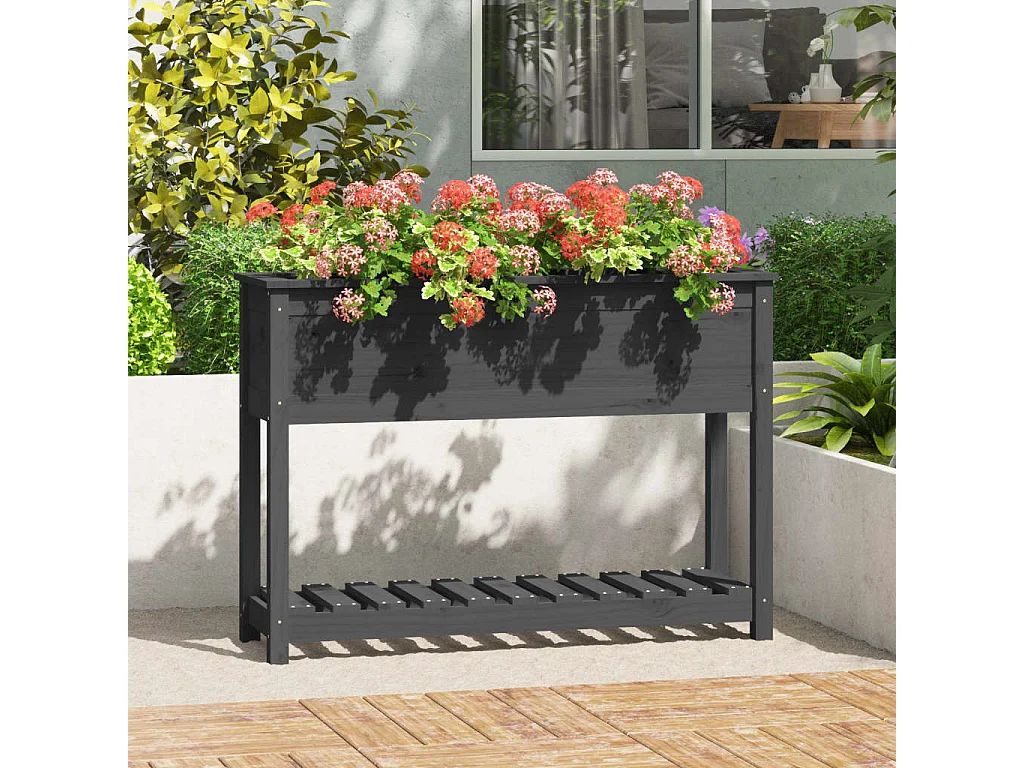 Jardinière avec étagère Gris 111,5x34,5x81cm Bois massif de pin BE2453