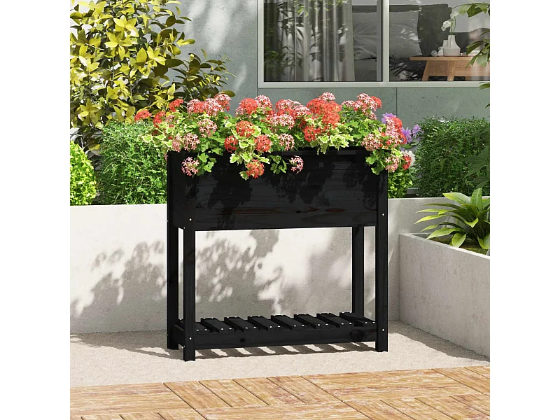 Jardinera con estante madera maciza pino negro 82,5x34,5x81 cm ES24296