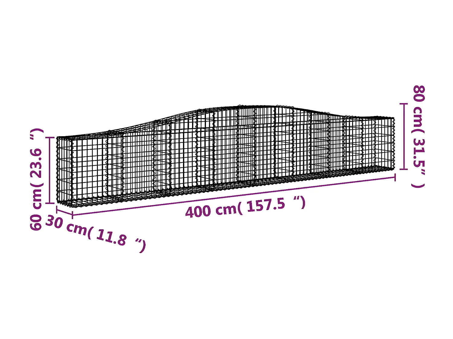 Cesta de gaviones forma arco hierro galvanizado 400x30x60/80 cm ES48933