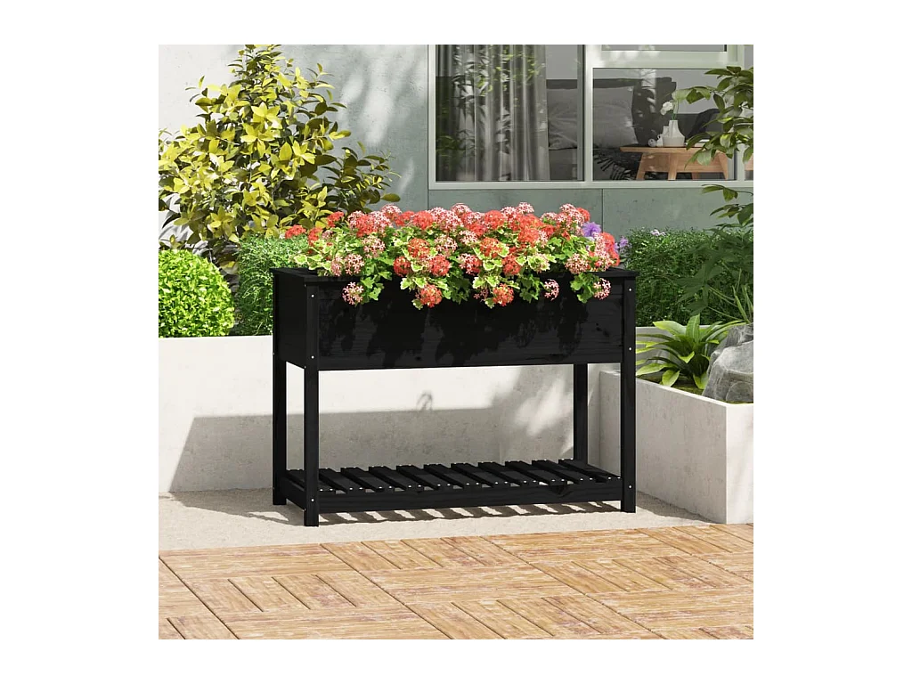 Jardinière avec étagère Noir 111,5x54x81 cm Bois massif de pin BE4250