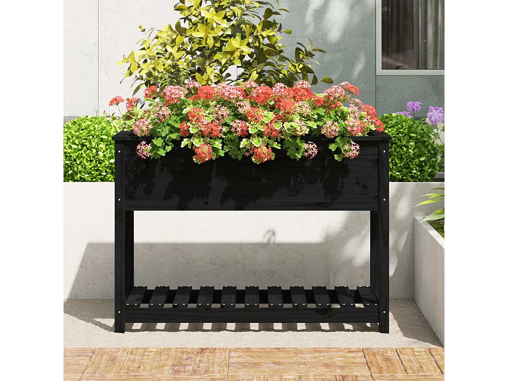 Plantenbak met schap 111,5x54x81 cm massief grenenhout zwart NL853529