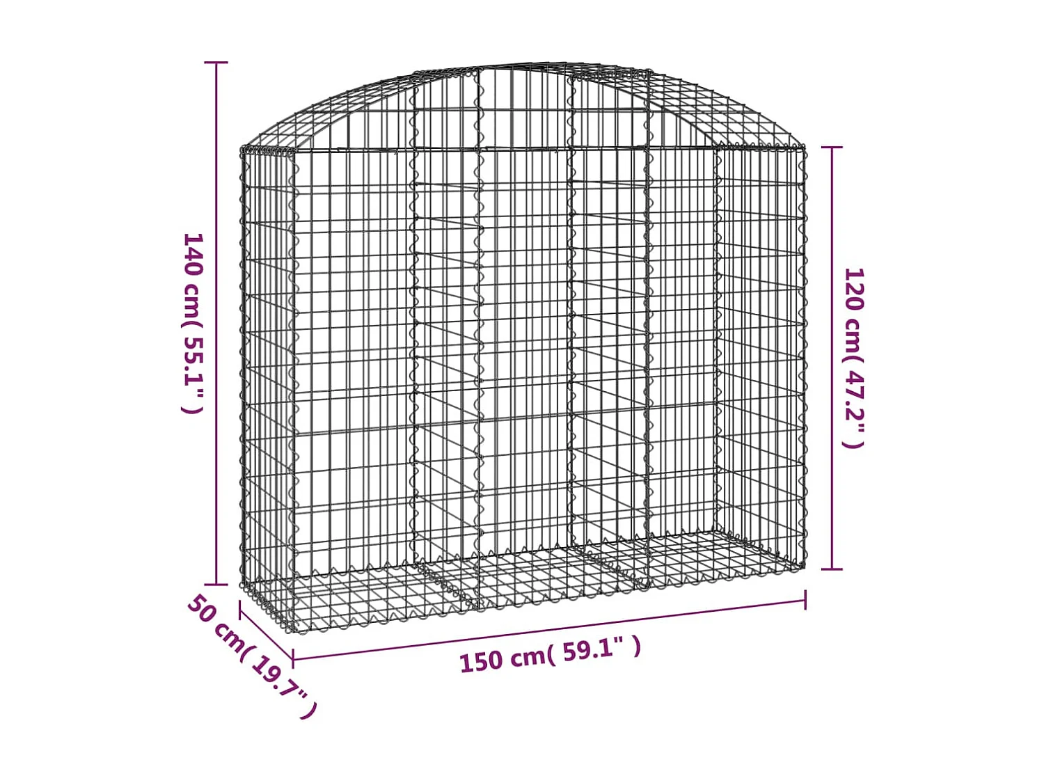 Panier de gabions arqué 150x50x120/140 cm Fer galvanisé WVGQ1250