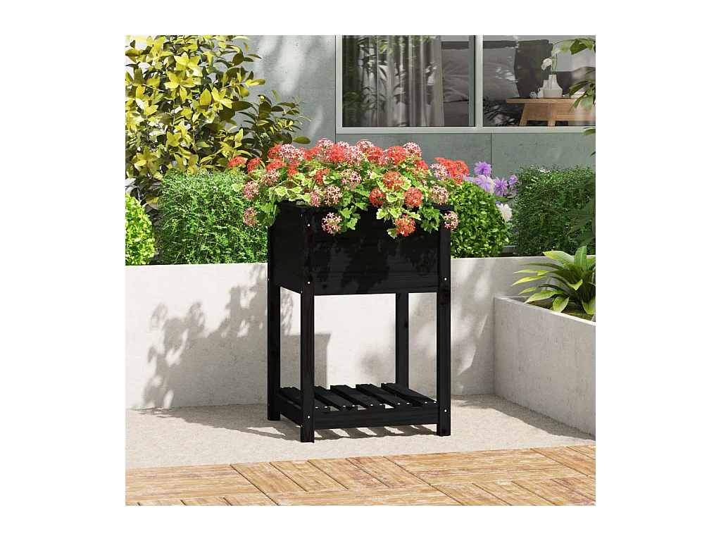 Jardinière avec étagère Noir 54x54x81 cm Bois massif de pin BE6839