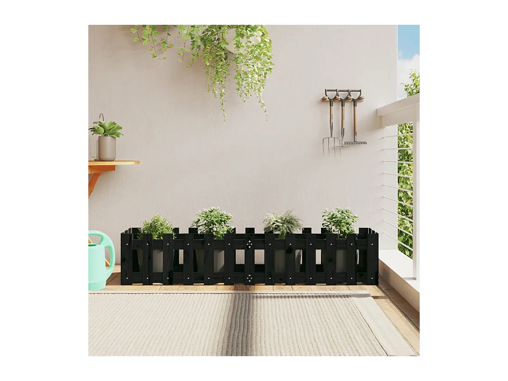 Jardinera elevado jardín con valla madera pino negro 150x30x30cm ES15854