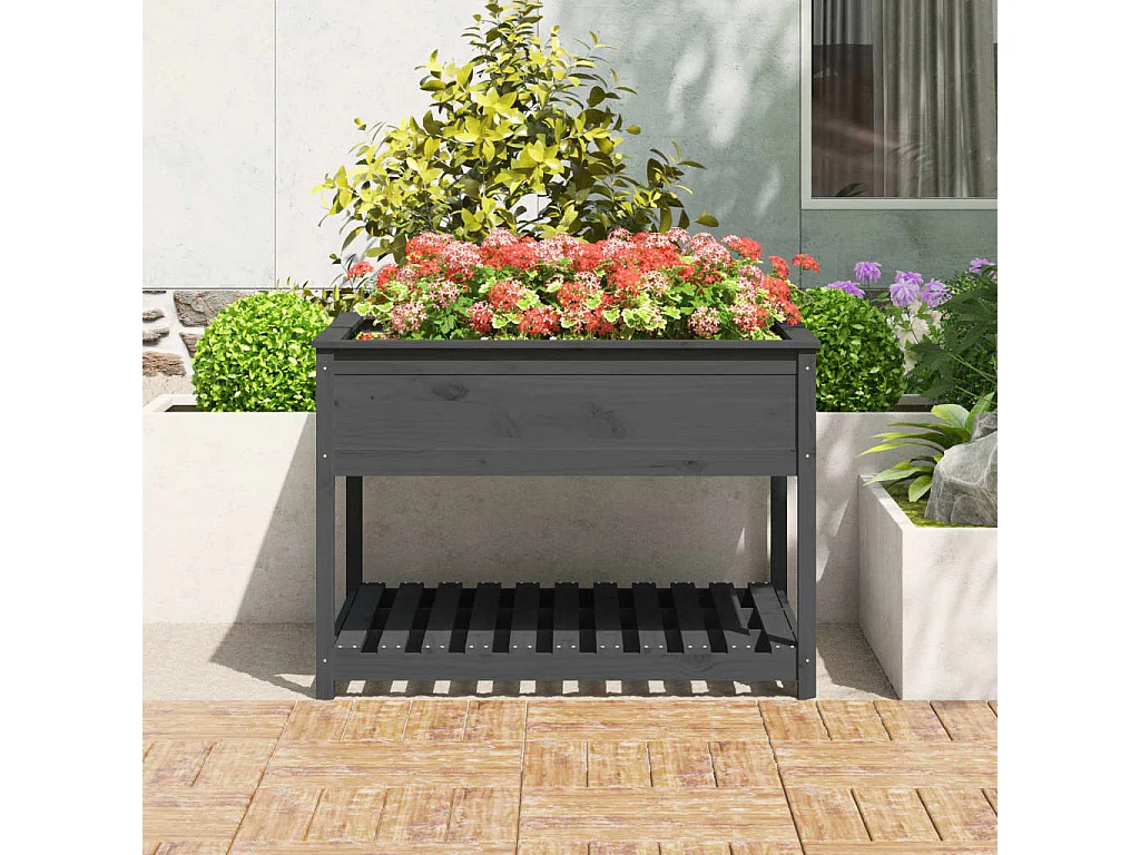 Jardinera con estante madera maciza pino gris 111,5x111,5x81 cm ES81436