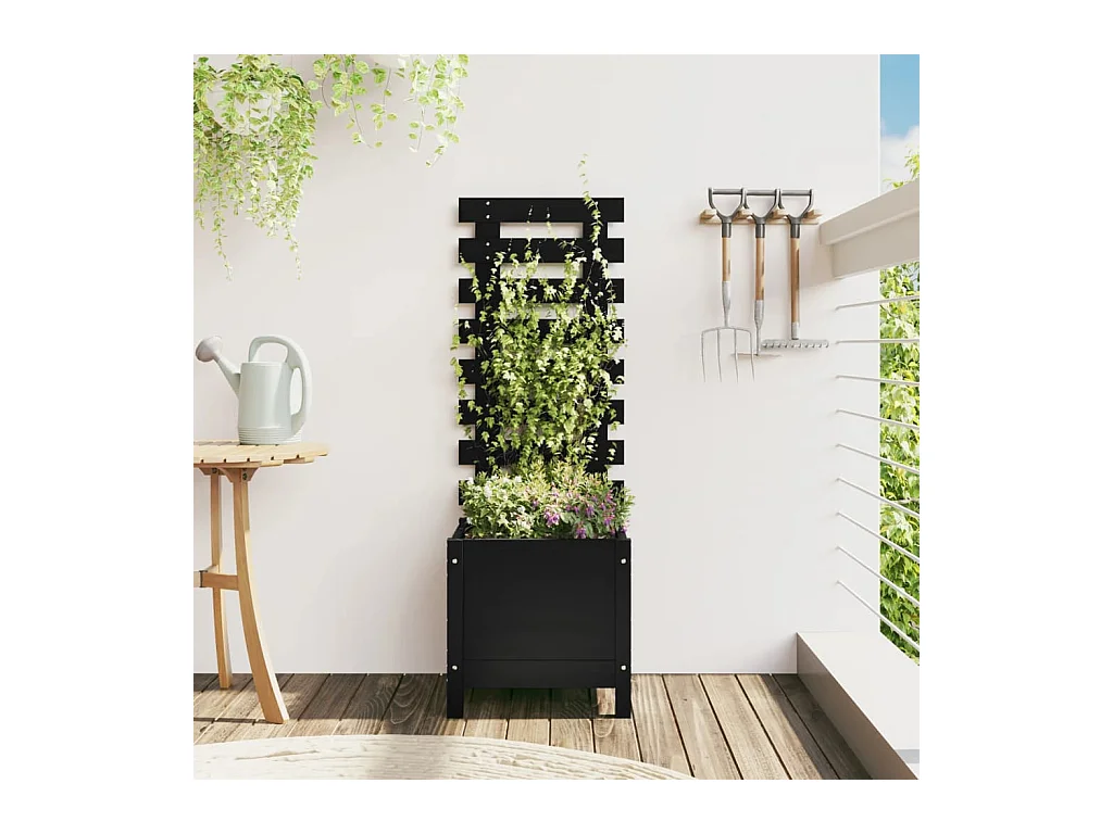 Jardinière avec support noir 39x39,5x114 cm bois de pin massif BE4621