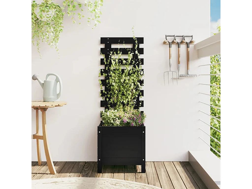 Jardinière avec support noir 39x39,5x114 cm bois de pin massif BE4621