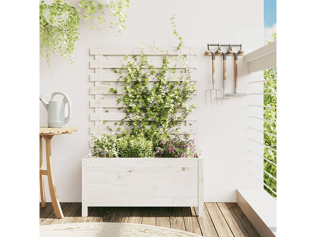 Jardinière avec support blanc 79x39,5x114 cm bois de pin massif BE2018