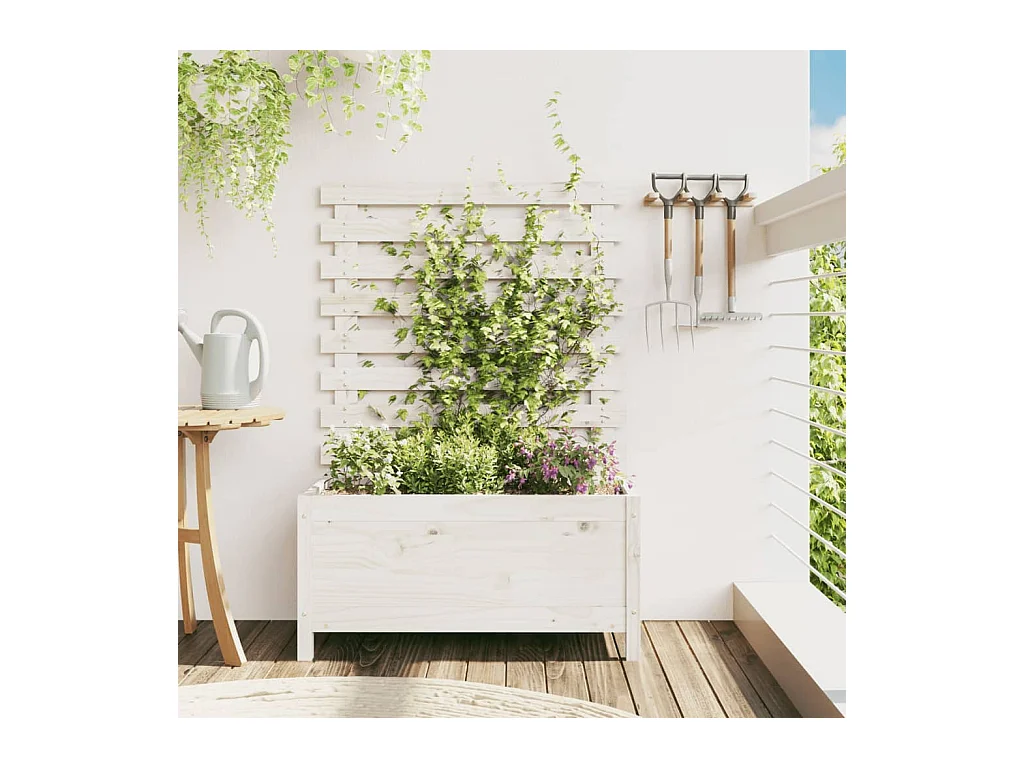 Jardinière avec support blanc 79x39,5x114 cm bois de pin massif BE2018