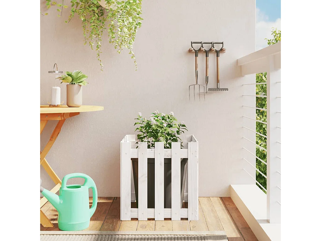 Jardinière avec design de clôture blanc 50x50x50 cm pin massif BE9118