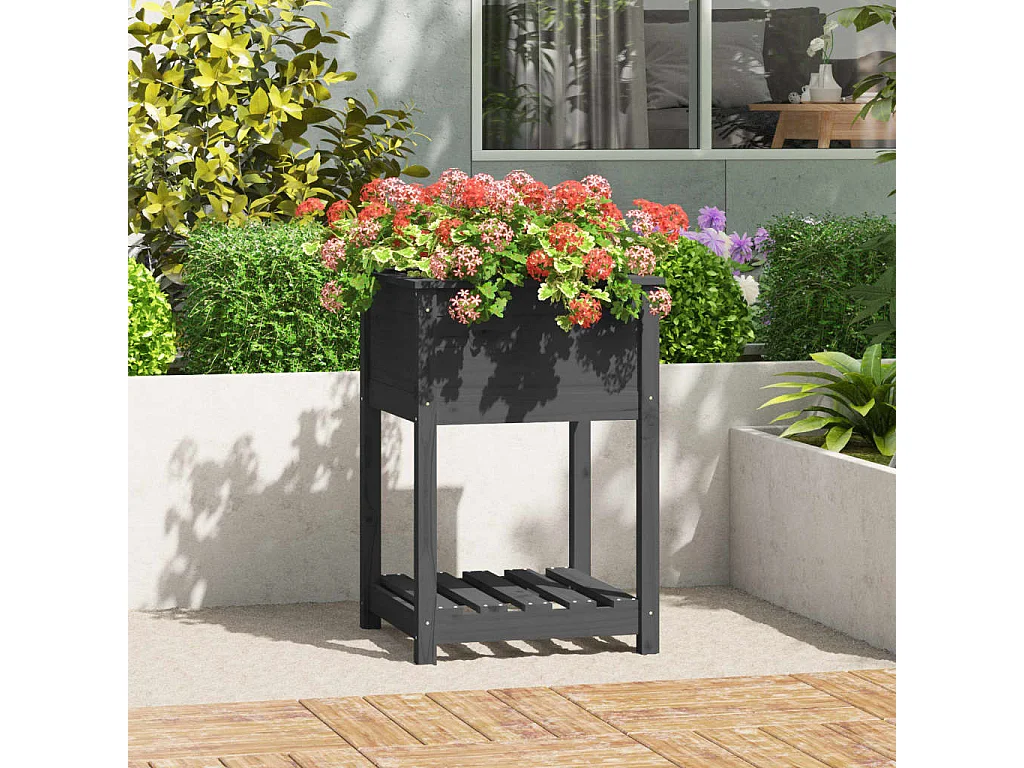 Plantenbak met schap 54x54x81 cm massief grenenhout grijs NL375556