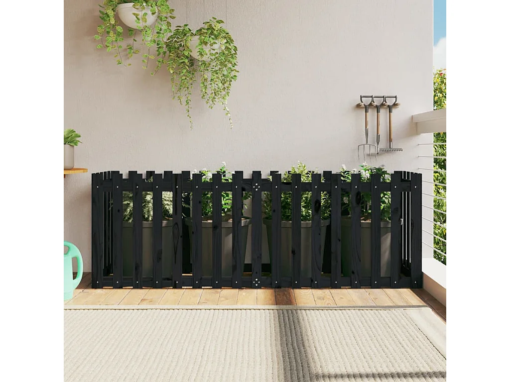 Jardinera elevado jardín con valla madera pino negro 200x50x70cm ES41051