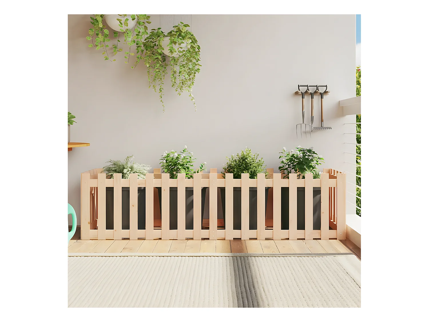 Jardinera elevado jardín con valla madera maciza pino 200x50x50cm ES55309