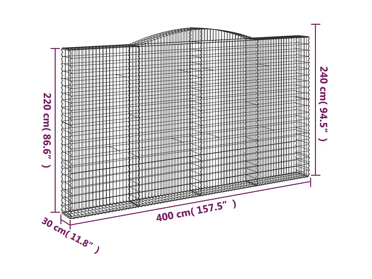 Cesta gaviones forma arco hierro galvanizado 400x30x220/240 cm ES66493