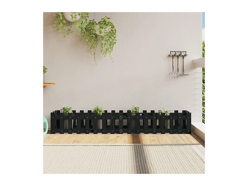 Jardinera elevado jardín con valla madera pino negro 200x30x30cm ES78261