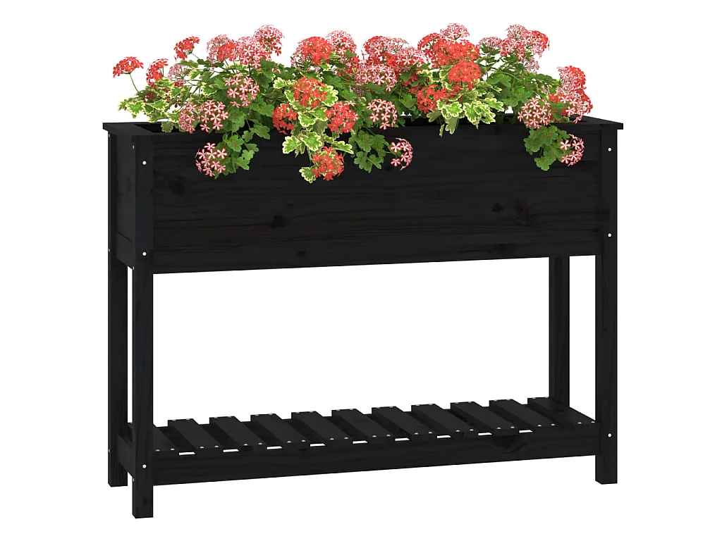 Jardinera con estante madera maciza pino negro 111,5x34,5x81 cm ES22919