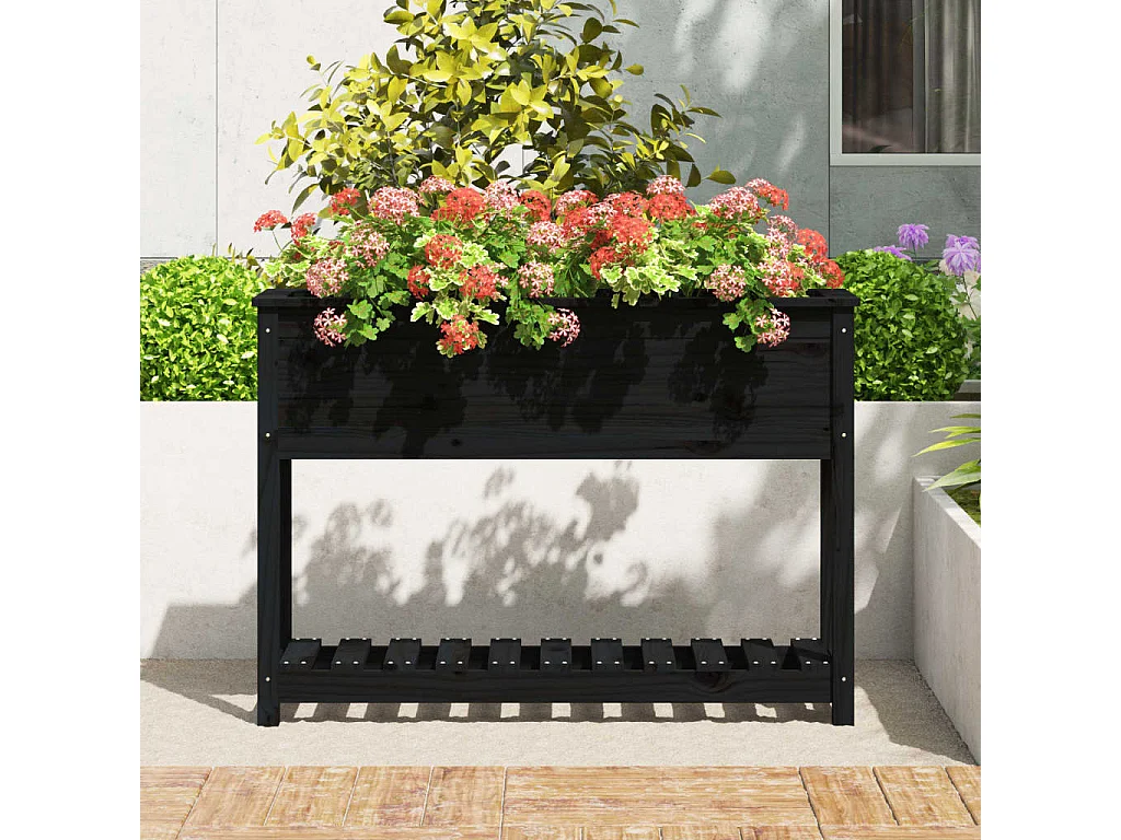 Jardinière avec étagère Noir 111,5x34,5x81cm Bois massif de pin BE7011