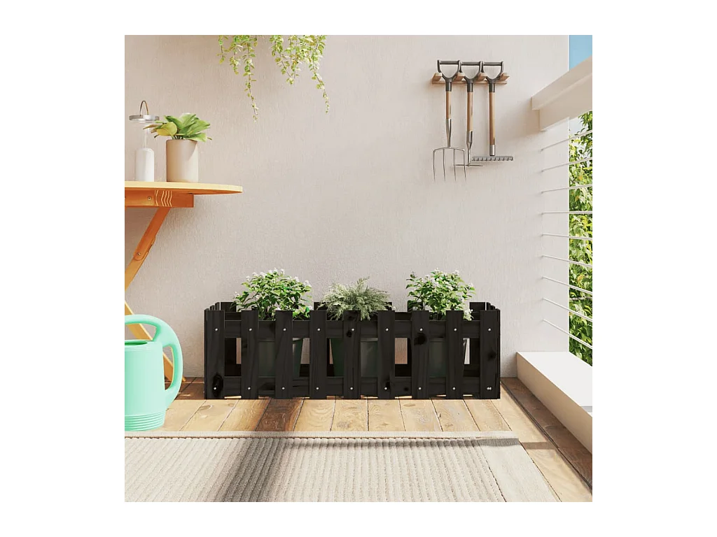 Jardinera elevado jardín con valla madera pino negro 100x30x30cm ES59847