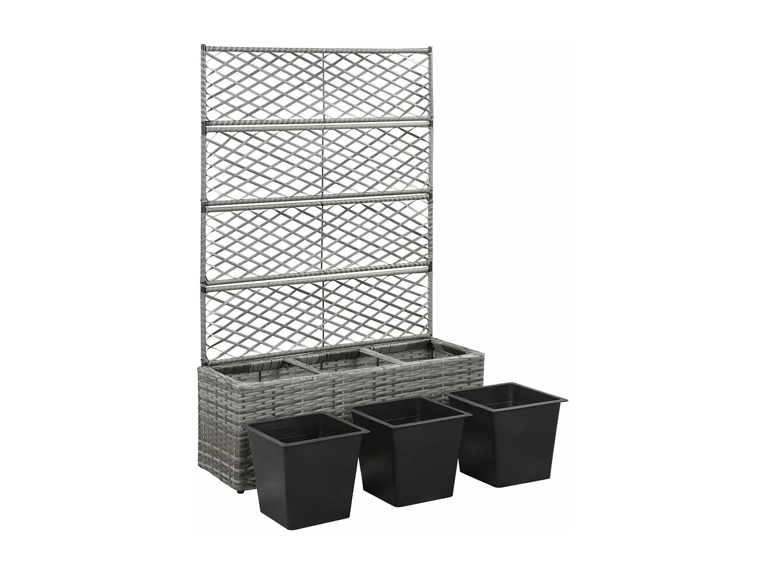 Floreira com treliça e 3 vasos 83x30x130 cm vime PE cinzento PT937898