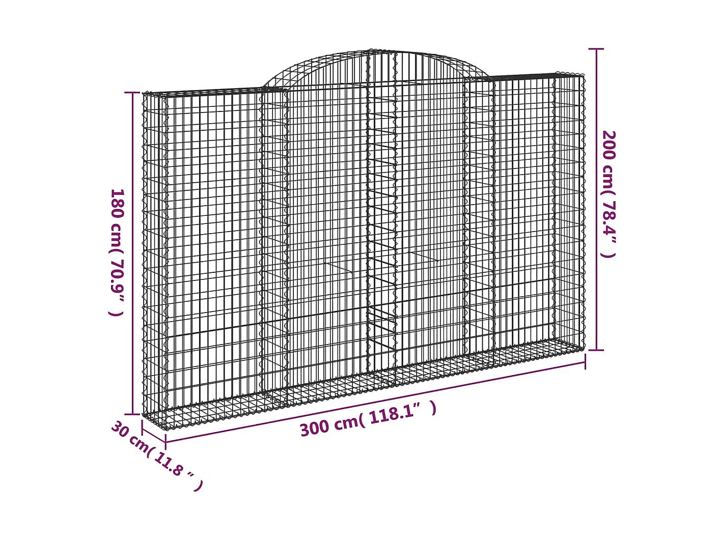 Cesto gabião arqueado 300x30x180/200 cm ferro galvanizado PT703608