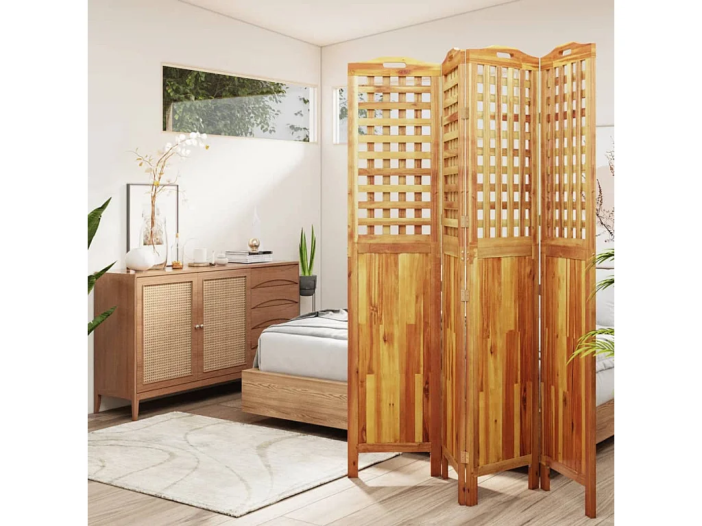 Biombo de 4 paneles de madera maciza de acacia 162x2x180 cm ES669475