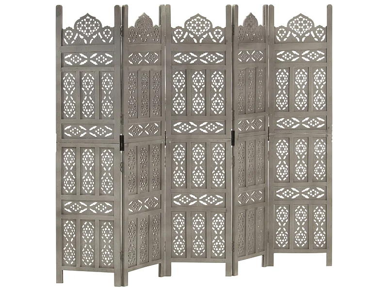 Kamerscherm 5 panelen handgesneden 200x165 cm mangohout grijs NL548816