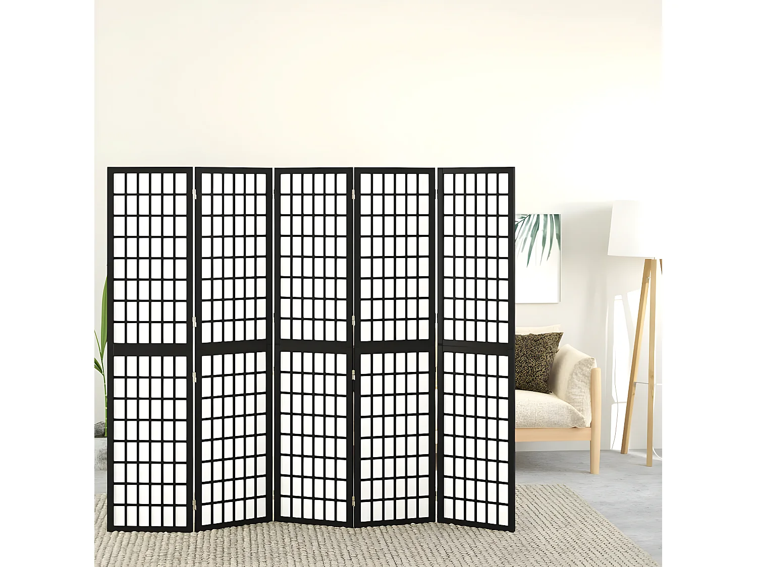 Biombo plegable con 5 paneles estilo japonés negro 200x170 cm ES664079