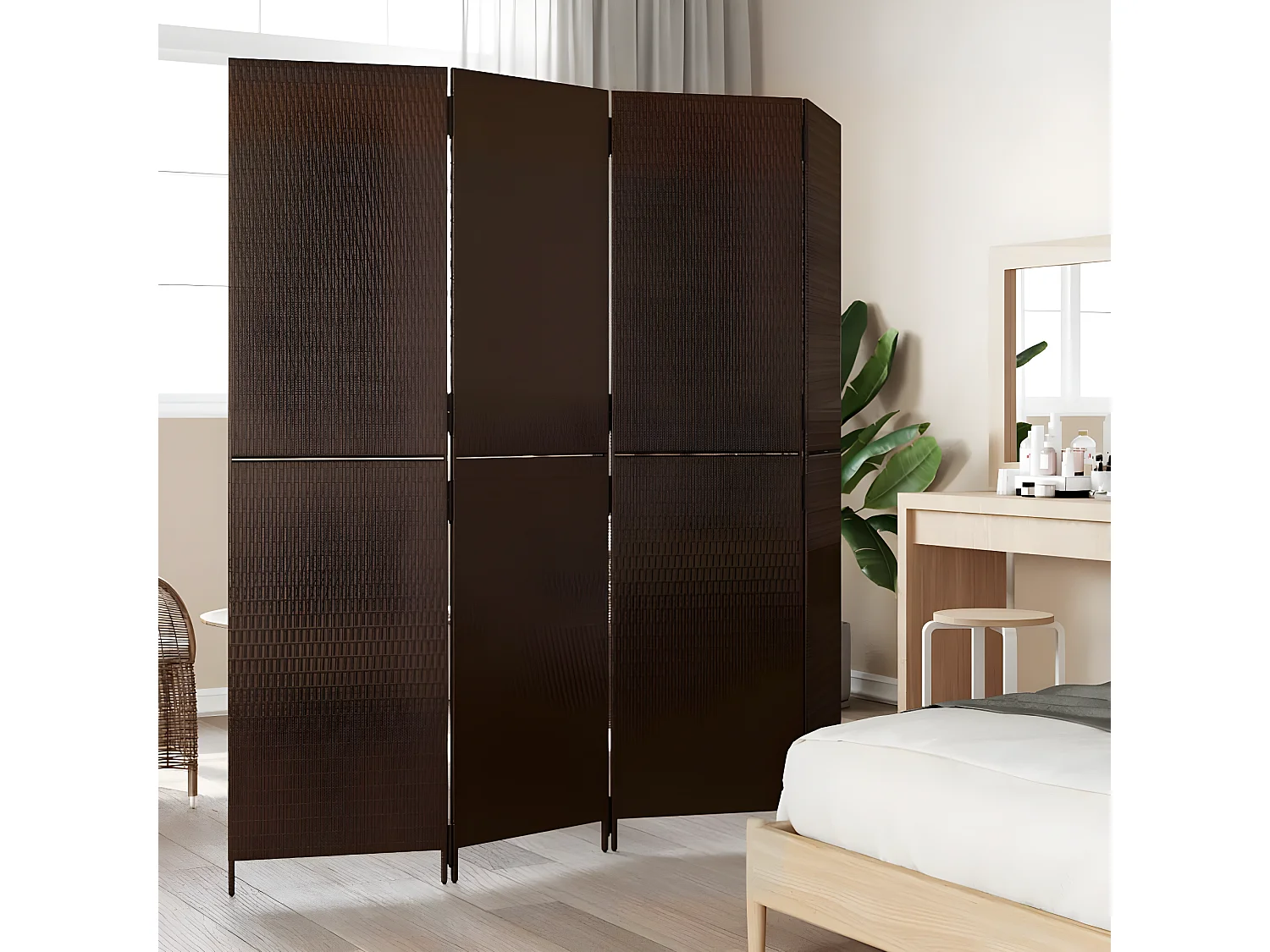 Biombo de divisão 4 painéis vime PE castanho PT626147