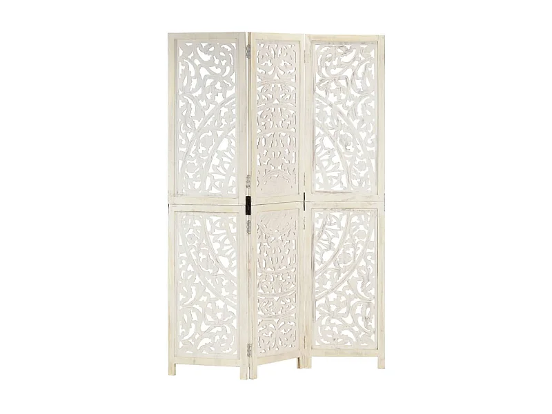 Kamerscherm met 3 panelen handgesneden 120x165 cm mangohout wit NL660181