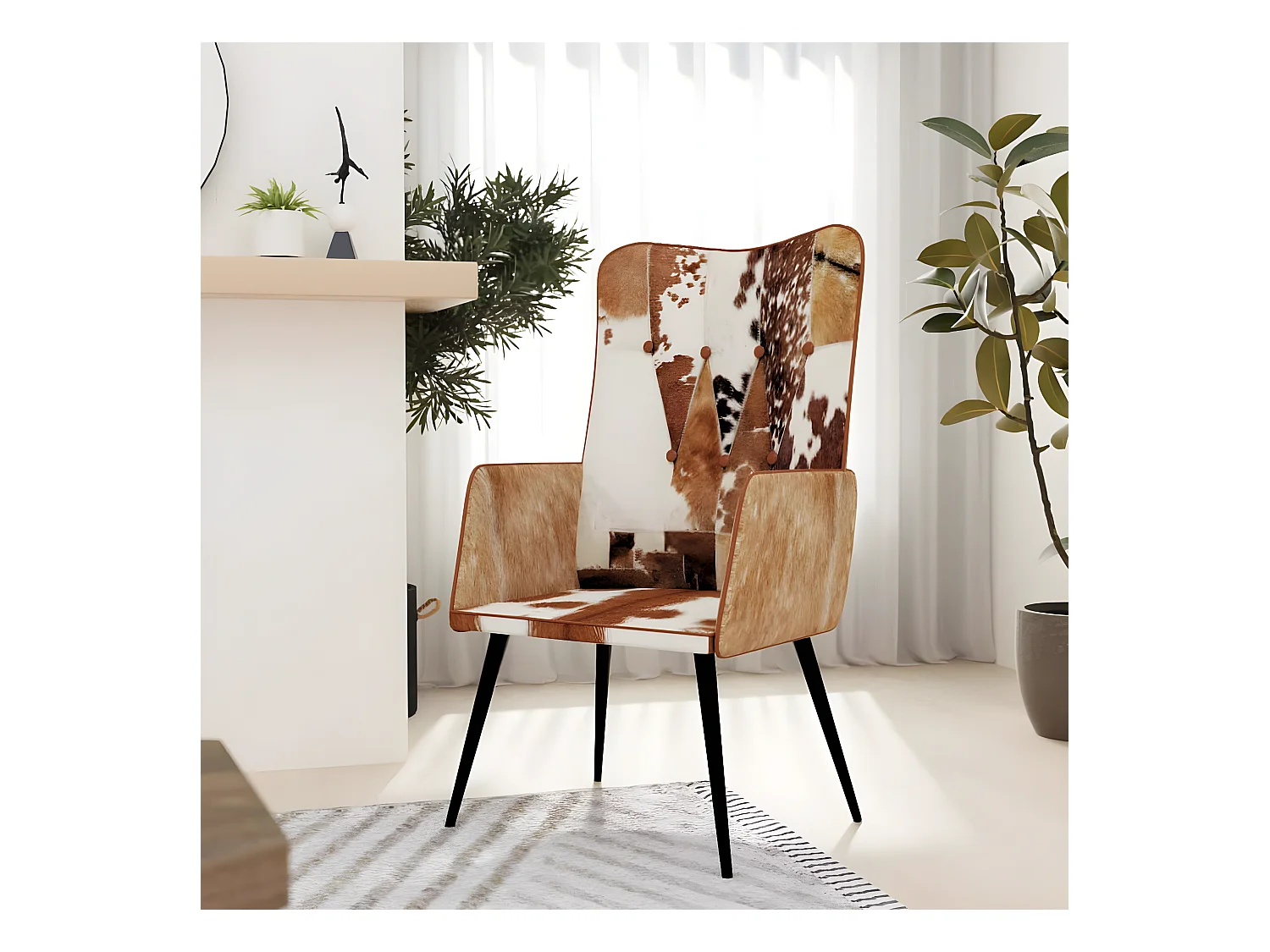 Fauteuil harig echt leer bruin en wit NL385404