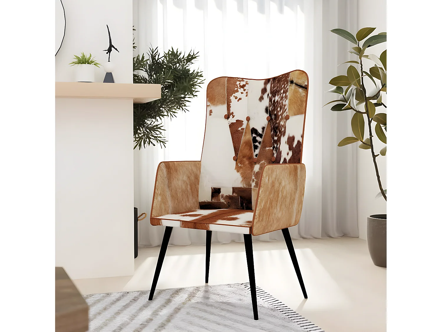 Chaise à oreilles Marron et blanc Cuir véritable SEF14770