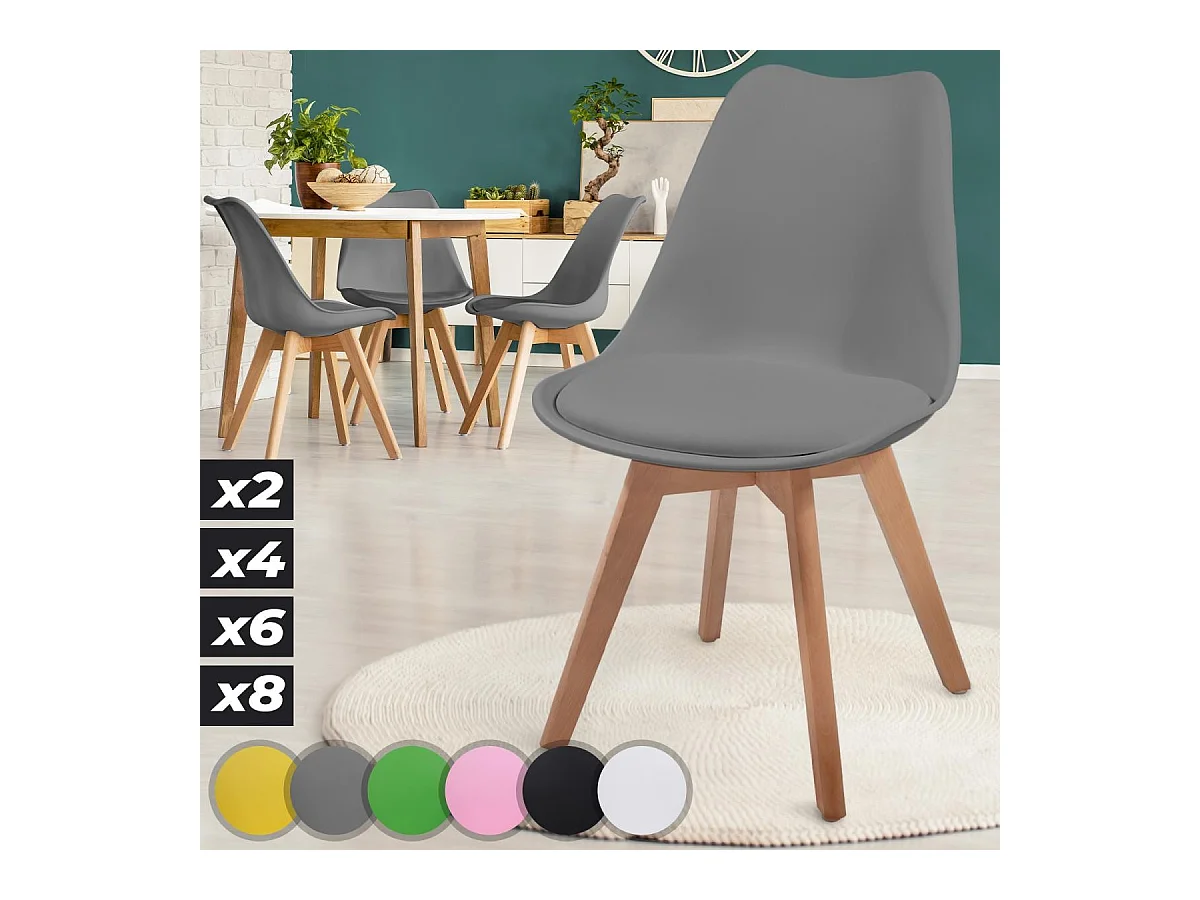 Floraya - Set 4 Scandinavische eetkamerstoelen met zitkussen - grijs
