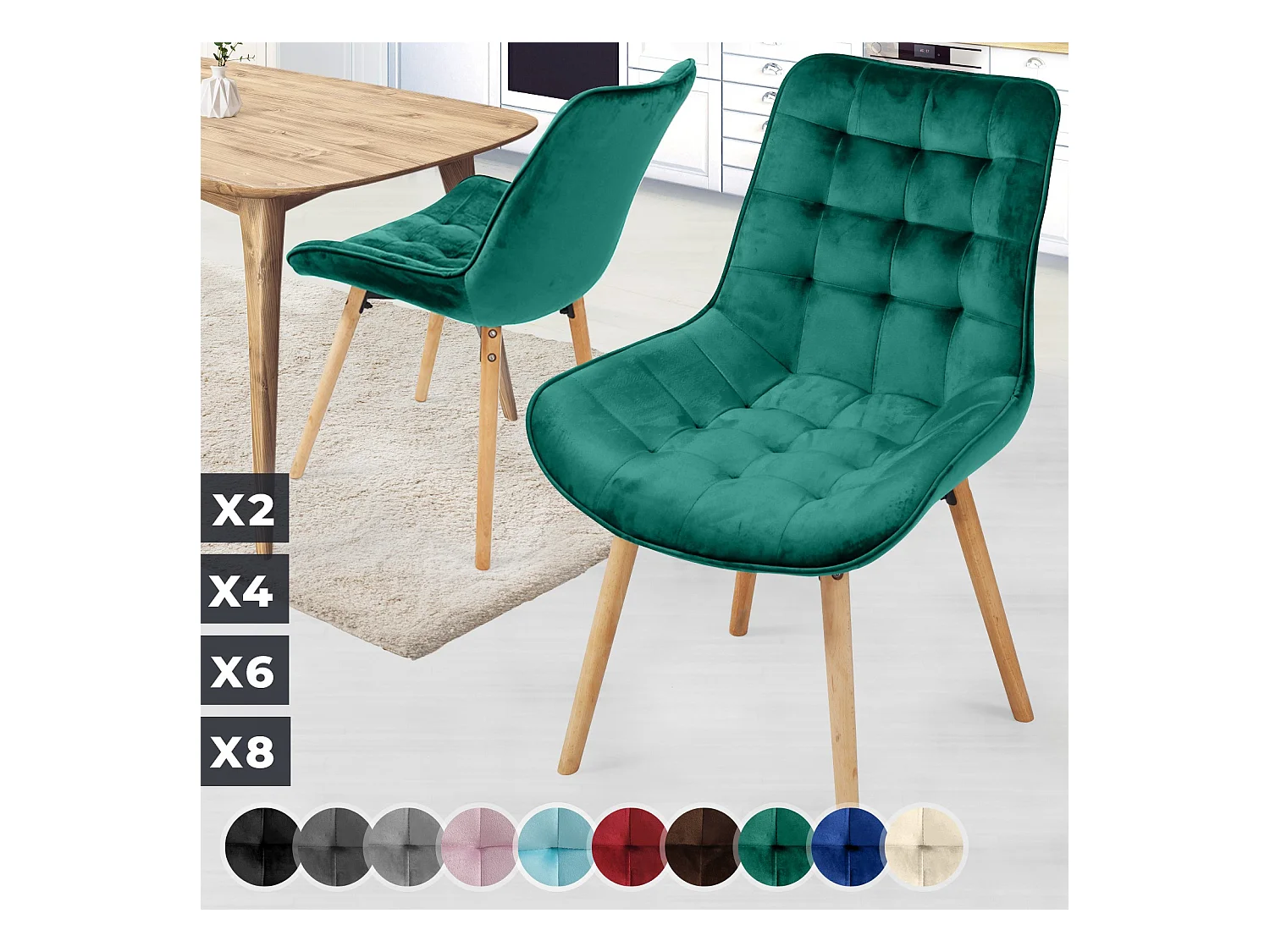 Floraya - ensemble 2 chaises de salle à manger branché en velours - vert