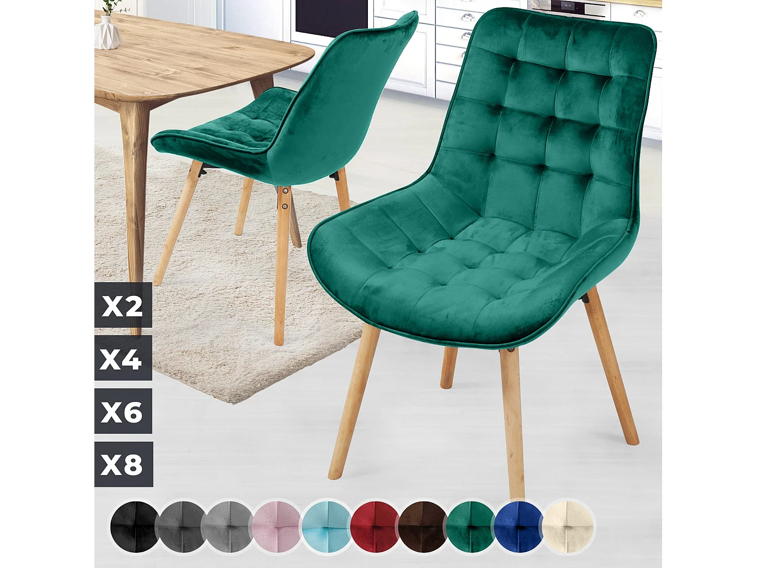 Floraya - ensemble 2 chaises de salle à manger branché en velours - vert