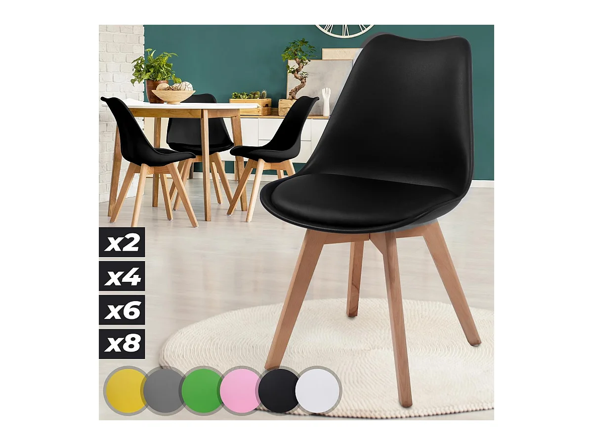 Floraya - Set 4 Scandinavische eetkamerstoelen met zitkussen - zwart