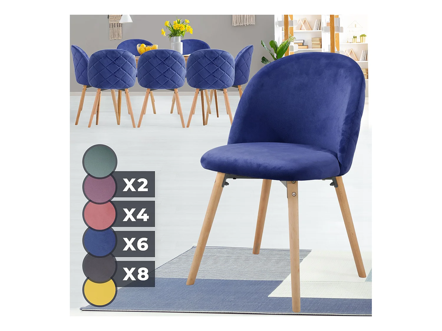 Floraya - set 8 moderne fluwelen eetkamerstoelen - licht blauw
